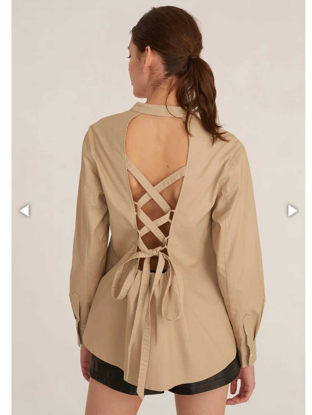 Marissa Webb Lennox canvas tie-back button-down top in solid tan.
